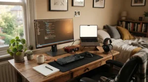A desk lit by a single lamp featuring a printer for dissertation writing during a late-night session