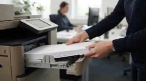 Loading reams of heavy paper into a high-capacity printer for dissertation writing
