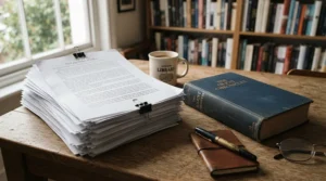 Completed thesis next to a printer for dissertation writing ready for professional binding services