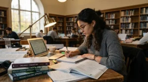 A student using a reliable printer for dissertation writing at a university library desk
