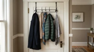 Handy storage solutions for halls of residence utilising over-the-door hooks for coats and dressing gowns