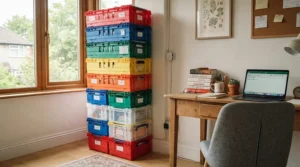 Clever storage solutions for halls of residence using colourful stackable crates in a corner