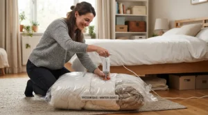 Seasonal storage solutions for halls of residence demonstrating space-saving vacuum bags for thick duvets