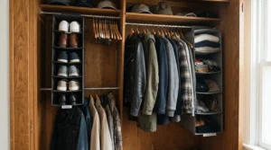 Space-saving storage solutions for halls of residence showing fabric wardrobe organisers hanging inside a small closet