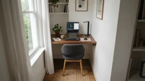 A stylish study chair for small bedroom layouts tucked neatly underneath a space-saving workspace
