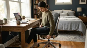 A compact study chair for small bedroom spaces featuring easy chair height adjustment near a window