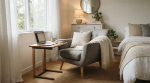 A neutral-toned study chair for small bedroom decor blending seamlessly with minimalist interiors