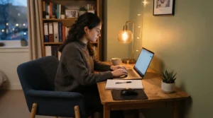 A comfortable study chair for small bedroom revision sessions with a laptop and revision notes