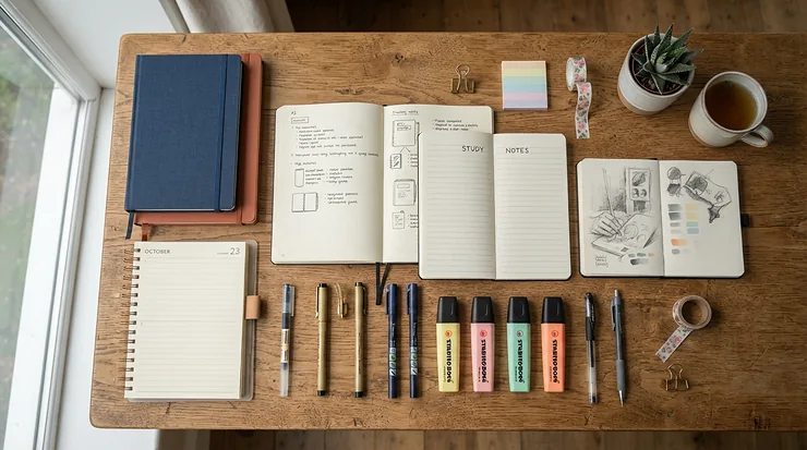 A university stationery bundle under £20 neatly arranged on a wooden desk with notebooks and pens for term-time budgeting