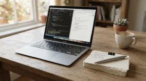 Drafting an assignment using the contents of a university stationery bundle under £20 alongside a laptop