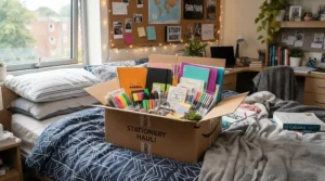 Freshers preparing for term with an affordable university stationery bundle under £20 unpacked in a dorm room