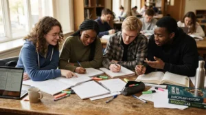 Sharing seminar essentials from a university stationery bundle under £20 during a university group study session