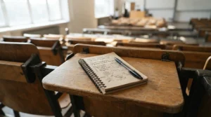 A university stationery bundle under £20 ready on a lecture theatre fold-down desk for term-time note-taking